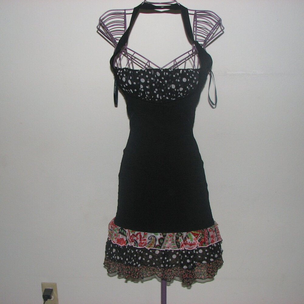 Bebe Black with Rufffle Floral & Polka Dots Bodycom Dress Size M New